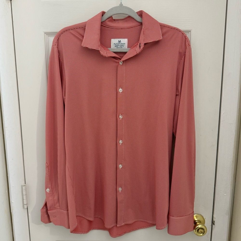 Mizzen + Main Men’s Performance Trim Fit Button Down Shirt Sz Medium Red Gingham